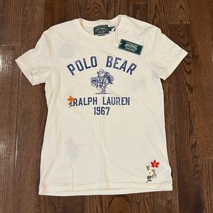 Ralph Lauren Cream Polo Bear Graphic Tee with Floral Accents